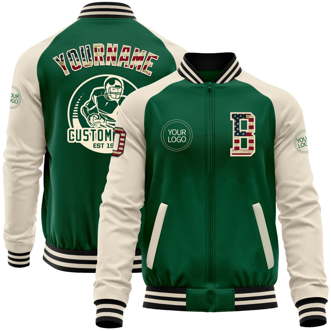 Custom Kelly Green Vintage USA Flag Cream-Black Bomber Varsity Letterman Two Tone Zipper Jacket