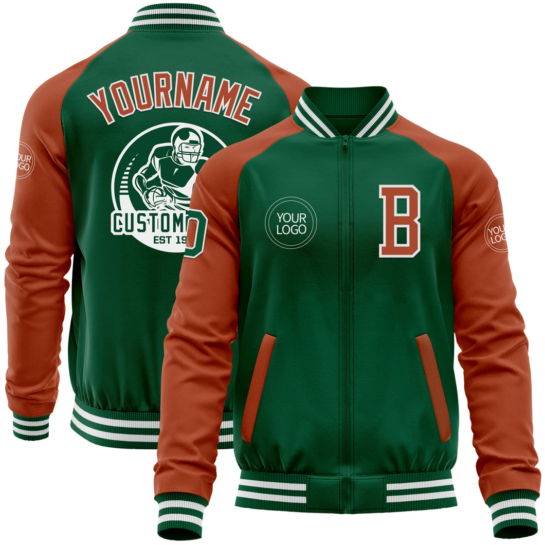 Custom Kelly Green Texas Orange-White Bomber Varsity Letterman Two Tone Zipper Jacket