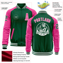 Load image into Gallery viewer, Custom Kelly Green Pink-White Bomber Varsity Letterman Two Tone Zipper Jacket
