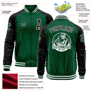 Custom Kelly Green Black-White Bomber Varsity Letterman Two Tone Zipper Jacket