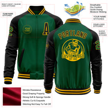 Load image into Gallery viewer, Custom Kelly Green Black-Gold Bomber Varsity Letterman Two Tone Zipper Jacket
