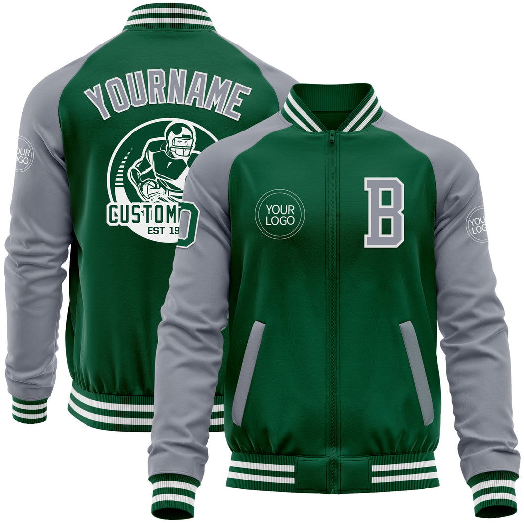 Custom Kelly Green Gray-White Bomber Varsity Letterman Two Tone Zipper Jacket