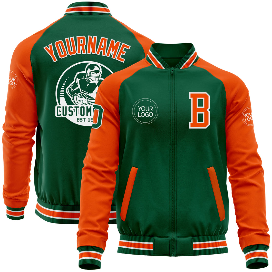 Custom Kelly Green Orange-White Bomber Varsity Letterman Two Tone Zipper Jacket