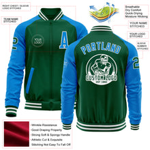 Load image into Gallery viewer, Custom Kelly Green Powder Blue-White Bomber Varsity Letterman Two Tone Zipper Jacket
