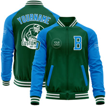 Load image into Gallery viewer, Custom Kelly Green Powder Blue-White Bomber Varsity Letterman Two Tone Zipper Jacket
