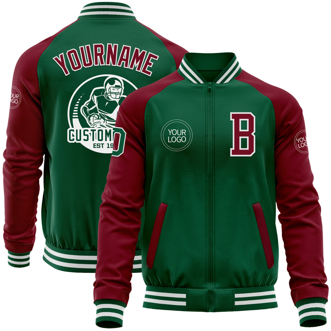 Custom Kelly Green Crimson-White Bomber Varsity Letterman Two Tone Zipper Jacket