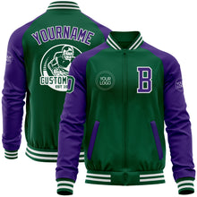 Load image into Gallery viewer, Custom Kelly Green Purple-White Bomber Varsity Letterman Two Tone Zipper Jacket
