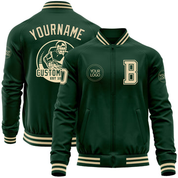 Custom Green Cream Bomber Varsity Letterman Zipper Jacket