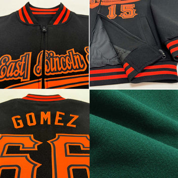 Custom Green Gold-Black Bomber Varsity Letterman Zipper Jacket