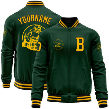 Custom Green Gold-Black Bomber Varsity Letterman Zipper Jacket