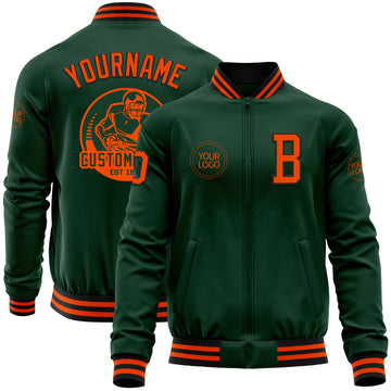 Custom Green Orange-Black Bomber Varsity Letterman Zipper Jacket