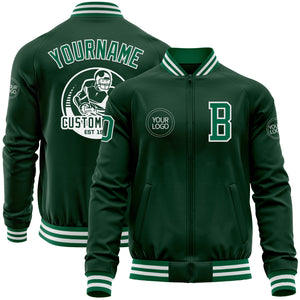 Custom Green Kelly Green-White Bomber Varsity Letterman Zipper Jacket