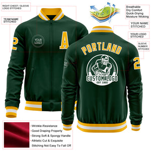 Custom Green Gold-White Bomber Varsity Letterman Zipper Jacket