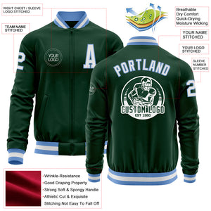 Custom Green White-Light Blue Bomber Varsity Letterman Zipper Jacket