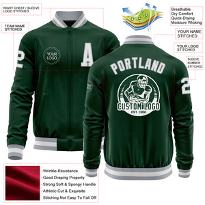 Custom Green White-Gray Bomber Varsity Letterman Zipper Jacket