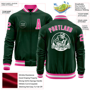 Custom Green Pink-White Bomber Varsity Letterman Zipper Jacket