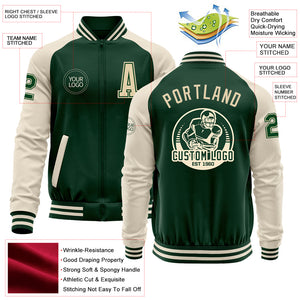 Custom Green Cream Bomber Varsity Letterman Two Tone Zipper Jacket