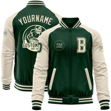 Load image into Gallery viewer, Custom Green Cream Bomber Varsity Letterman Two Tone Zipper Jacket
