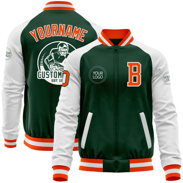 Custom Green Orange-White Bomber Varsity Letterman Two Tone Zipper Jacket