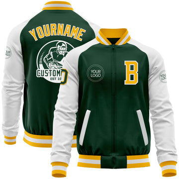 Custom Green Gold-White Bomber Varsity Letterman Two Tone Zipper Jacket