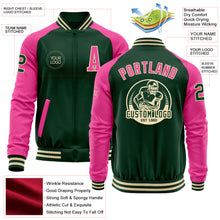 Load image into Gallery viewer, Custom Green Pink-Cream Bomber Varsity Letterman Two Tone Zipper Jacket
