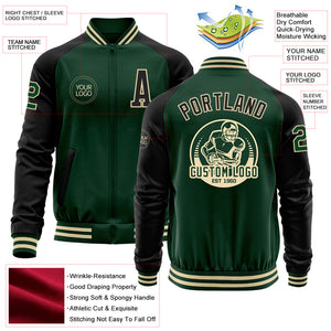 Custom Green Black-Cream Bomber Varsity Letterman Two Tone Zipper Jacket