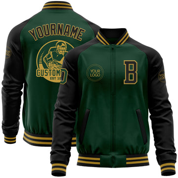 Custom Green Black-Old Gold Bomber Varsity Letterman Two Tone Zipper Jacket