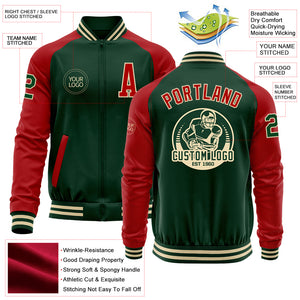 Custom Green Red-Cream Bomber Varsity Letterman Two Tone Zipper Jacket