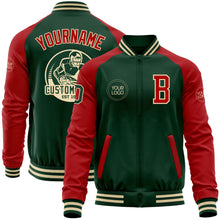 Load image into Gallery viewer, Custom Green Red-Cream Bomber Varsity Letterman Two Tone Zipper Jacket
