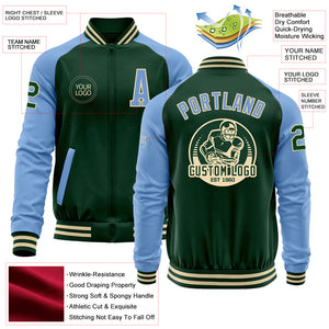 Custom Green Light Blue-Cream Bomber Varsity Letterman Two Tone Zipper Jacket