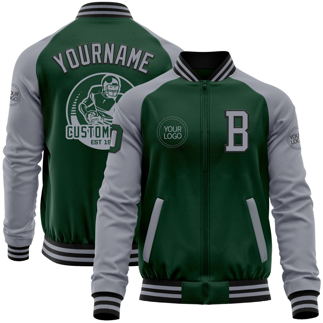 Custom Green Gray-Black Bomber Varsity Letterman Two Tone Zipper Jacket