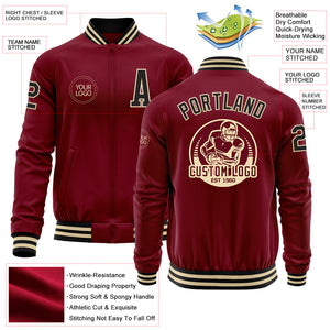 Custom Crimson Black-Cream Bomber Varsity Letterman Zipper Jacket