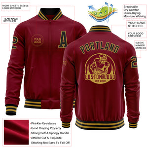 Custom Crimson Black-Old Gold Bomber Varsity Letterman Zipper Jacket