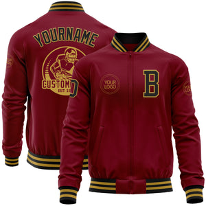 Custom Crimson Black-Old Gold Bomber Varsity Letterman Zipper Jacket