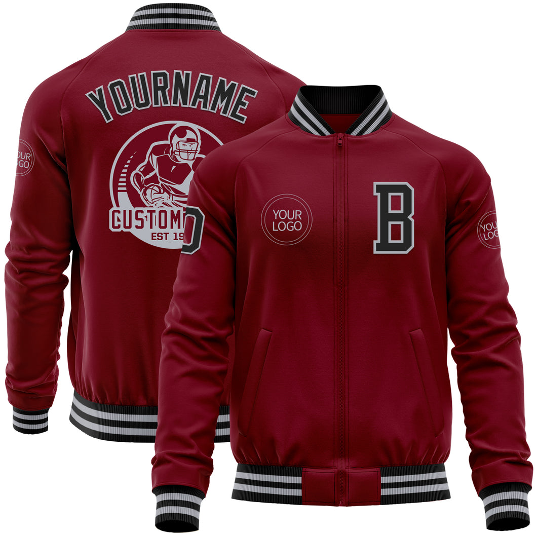 Custom Crimson Black-Gray Bomber Varsity Letterman Zipper Jacket