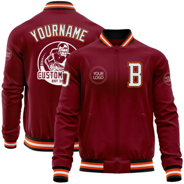 Custom Crimson Black-Orange Bomber Varsity Letterman Zipper Jacket