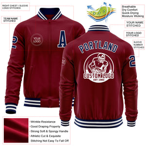 Custom Crimson Navy-White Bomber Varsity Letterman Zipper Jacket