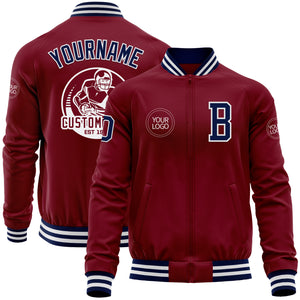 Custom Crimson Navy-White Bomber Varsity Letterman Zipper Jacket