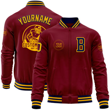 Custom Crimson Navy-Gold Bomber Varsity Letterman Zipper Jacket