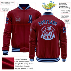 Custom Crimson Navy-Light Blue Bomber Varsity Letterman Zipper Jacket