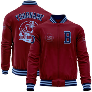 Custom Crimson Navy-Light Blue Bomber Varsity Letterman Zipper Jacket