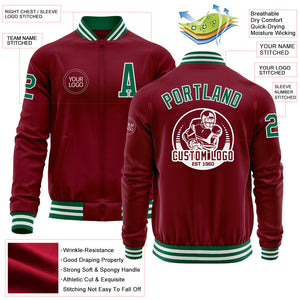 Custom Crimson Kelly Green-White Bomber Varsity Letterman Zipper Jacket