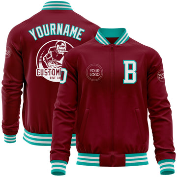 Custom Crimson White-Aqua Bomber Varsity Letterman Zipper Jacket