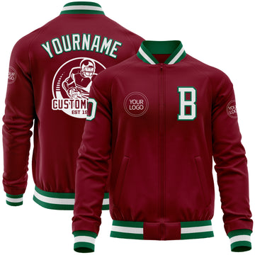 Custom Crimson White-Kelly Green Bomber Varsity Letterman Zipper Jacket