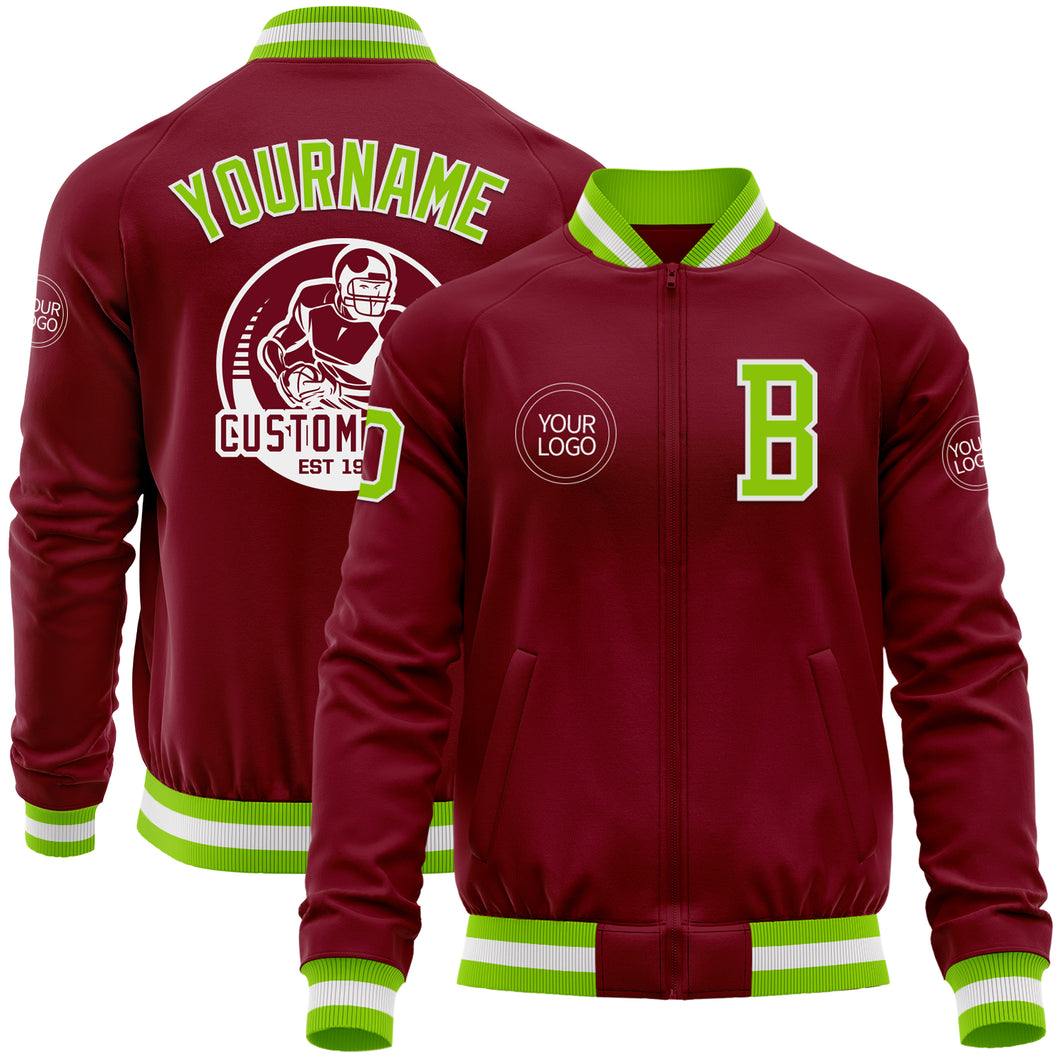 Custom Crimson Neon Green-White Bomber Varsity Letterman Zipper Jacket