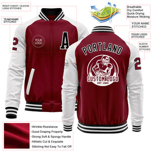 Custom Crimson Black-White Bomber Varsity Letterman Two Tone Zipper Jacket