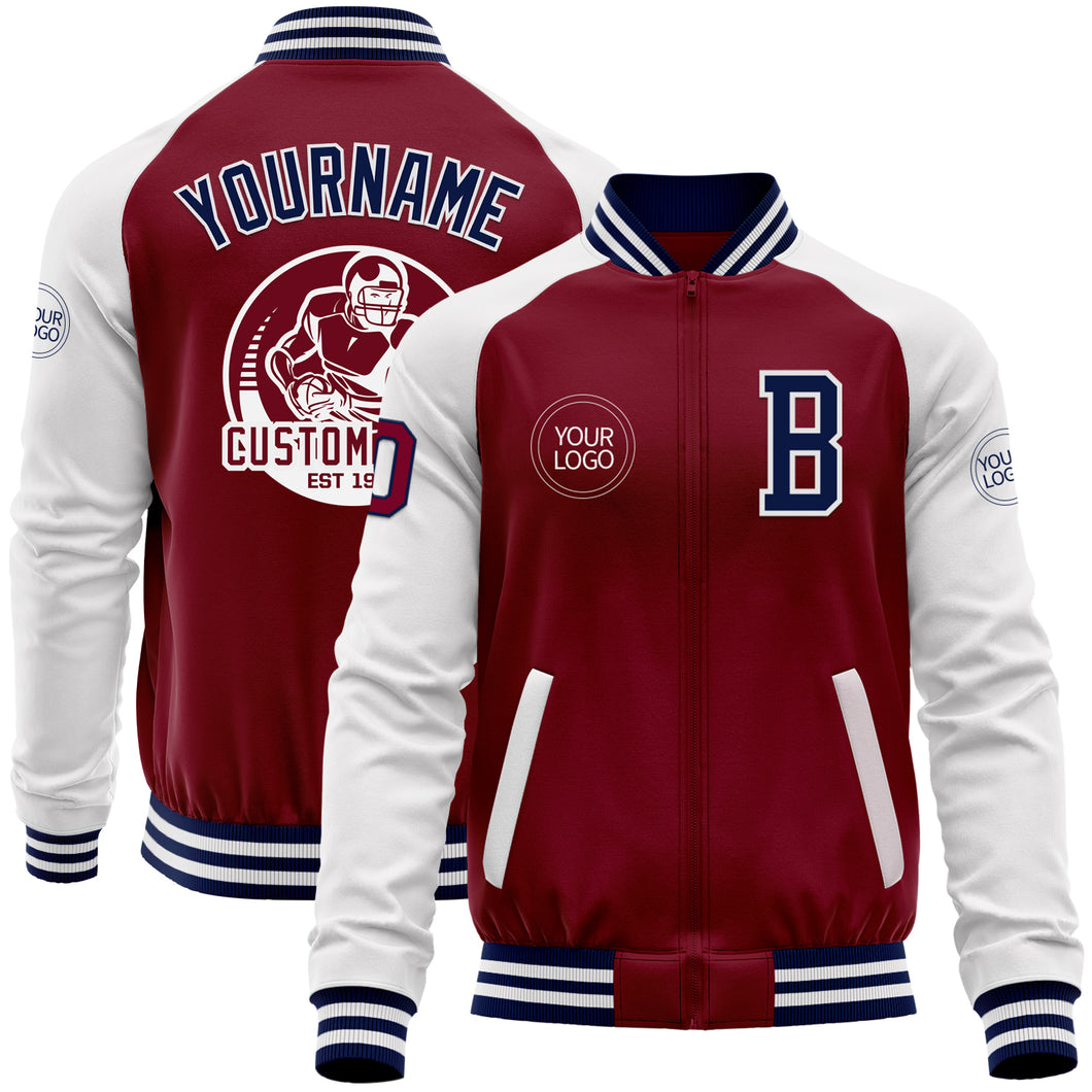 Custom Crimson Navy-White Bomber Varsity Letterman Two Tone Zipper Jacket