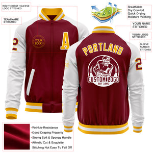 Custom Crimson Gold-White Bomber Varsity Letterman Two Tone Zipper Jacket