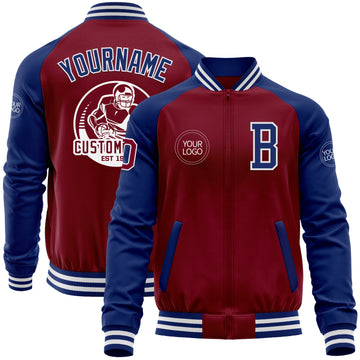 Custom Crimson Royal-White Bomber Varsity Letterman Two Tone Zipper Jacket