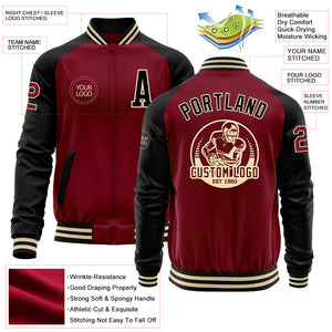 Custom Crimson Black-Cream Bomber Varsity Letterman Two Tone Zipper Jacket